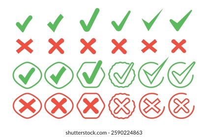 Set of red cross and green checkmark. Wrong and right. Hand drawn. Doodle. Textbox and checkbox. Frame. Button. Mark flat line. False, reject, сorrect. Collection trendy symbol. Icons.
