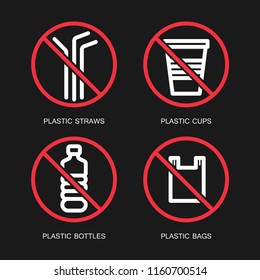 Set of red cross no plastics sign on black. Save the earth and good environment concept. Simple design, stroke outline style. Line vector.