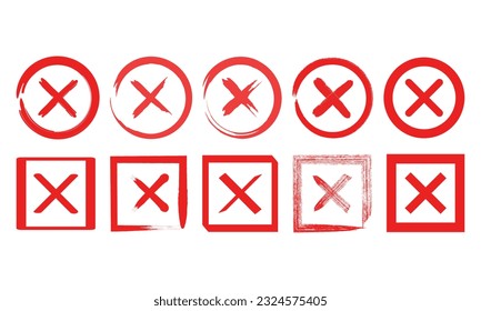 Conjunto de cruces rojas de diferentes formas. Botón Cerrar para la interfaz. Parar, salir, equivocado. Juego de iconos de cruces rojas.