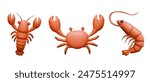 Set of red crustaceans on white background. Realistic crayfish, crab, lobster
