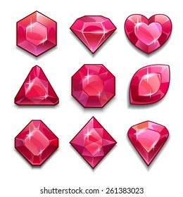 Set of red crystals with different shapes, isolated vector on white