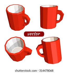 Set of red cups isolated on white background. Low poly style. Vector illustration.