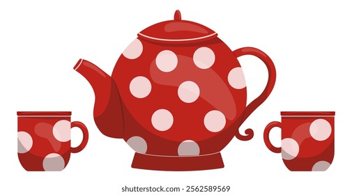 Set of red cups and a pot-bellied round teapot with white large peas. Vector illustration for a poster, greeting card or invitation, labels or tags