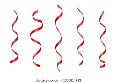 Set Red Curly Ribbons Isolated On White Background. Vector Illustration