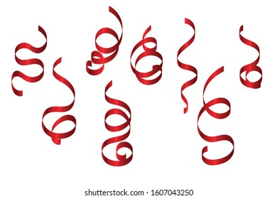 Set Red Curly Ribbons Isolated On White Background. Birthday & Surprise Decoration. Vector Illustration