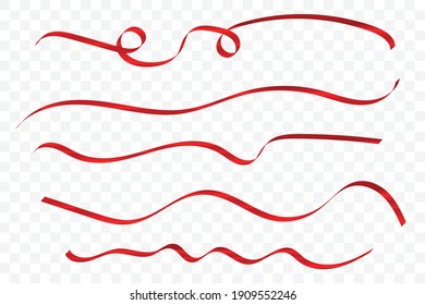 Set Red Curly Ribbons Isolated On Background. Vector Illustration