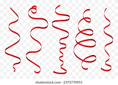 Set Red Curly Ribbons Isolated On Background. Vector Illustration
