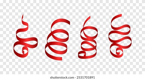 Set Of Red Curly Ribbons Isolated On White Background. Vector Illustration