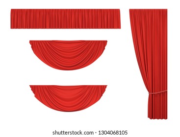 Set of red curtains and pelmet drapery for interior, performance event, isolated on white background. Vector illustration