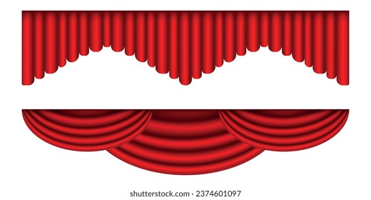 Set of red curtains. Realistic luxury curtain decoration. Fabric interior for circus, theater, scene and club. Vector illustration isolated on white background