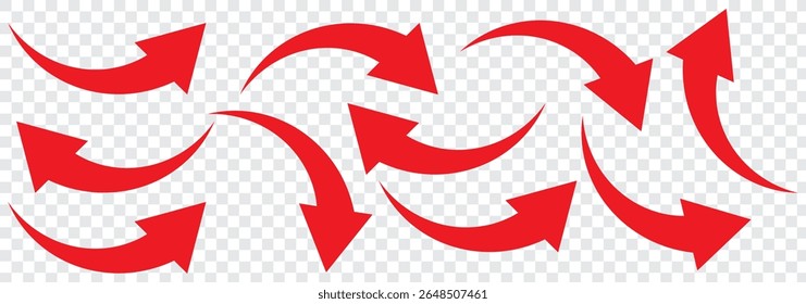 Set of red curve arrow direction vector symbol.Red color vector design curved arrow. Arrow sign. Red curve arrow indicator.Vector illustrator.