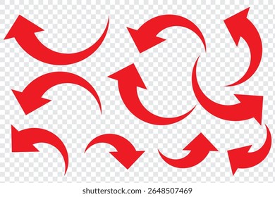 Set of red curve arrow direction vector symbol.Red color vector design curved arrow. Arrow sign. Red curve arrow indicator.Vector illustrator.