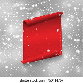 Set of red curved blank paper banners isolated on a transparent background. Vector illustration on the background of snow.