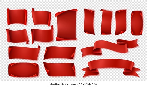 Set of red curved paper blank banners and ribbons isolated on transparent background. Vector illustration.