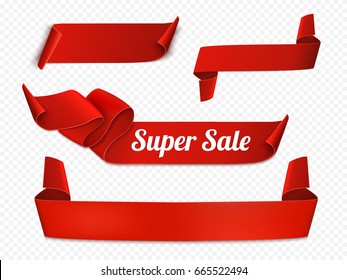 Set of red curved paper blank banners isolated on transparent background. Vector illustration