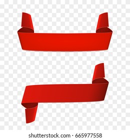 Set of red curved paper blank banners isolated on transparent background. Vector illustration