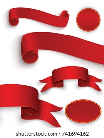 Set of red curved paper blank banners isolated on transparent background. Vector illustration