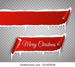 Conjunto de banners de papel curvo vermelho Feliz Natal com neve e pingentes isolados em fundo transparente. Ilustração vetorial