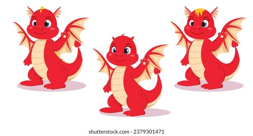 Set of red cute cartoon dragon characters symbol of new year 2024 chinese new year