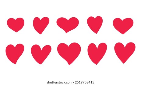 Conjunto de corazones lindos rojos. Estilo plano simple, ilustración de doodle. Elementos dibujados a mano, aislados sobre un fondo blanco. Concepto de diseño para el Anuncio o el cartel, tarjeta para el día de San Valentín 