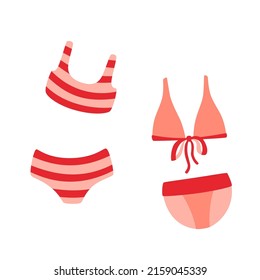 Eine Reihe von roten, süßen, separaten Badeanzügen, einzeln auf weißem Hintergrund. Flache Vektorgrafik, Clipart-Kunst.