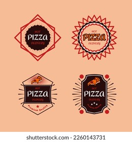 Logo auf rosafarbenem und dunkelbraunem Pizzablick auf rosafarbenem Hintergrund, Vektordesign für Restaurant und Café