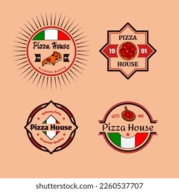 set red and dark brown pizza logo on pink background, vector design for restaurant and cafe