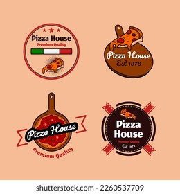 set red and dark brown pizza logo on pink background, vector design for restaurant and cafe