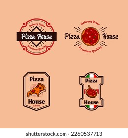 Logo auf rosafarbenem und dunkelbraunem Pizzablick auf rosafarbenem Hintergrund, Vektordesign für Restaurant und Café