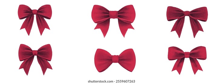 Set of red decorative bows in various styles for festive celebrations. Collection bow designs in various styles and shapes, perfect for festive decorations and gift wrapping