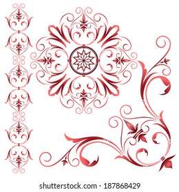 Set of red decorative floral elements. Corner element, circle rosette and vertical border.