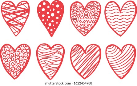 A set of red decorative hand-drawn hearts