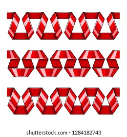 Set of red decorative ribbons borders, seamless flat. Elements for design. Isolated white background. EPS10 vector illustration.