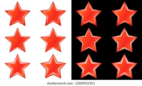 Set of red decorative stars with different borders on white and black background. For rating or decoration. Vector design element.