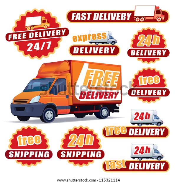 Set Red Delivery Signs Trucks Labels Stock Vector (Royalty Free ...