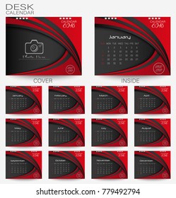 Set red desk Calendar 2018. Design template with place for photo and week starts on monday
