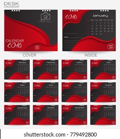 Set red desk Calendar 2018. Design template with place for photo and week starts on monday