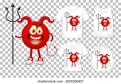 Set of Red Devil cartoon character on different shirt mockup illustration