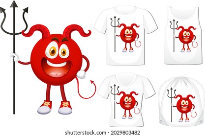Set of Red Devil cartoon character on different shirt mockup illustration