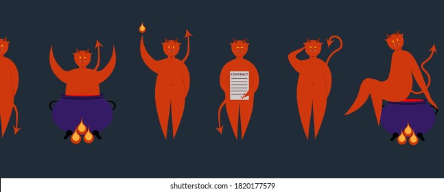 Set of red devils character in different pose for Halloween. Costume for masquerade. Cute vector illustration on isolated background. 