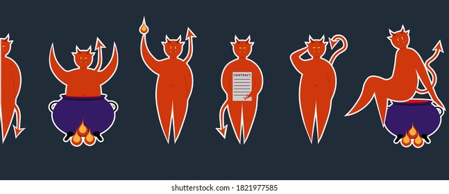 Set of red devils stickers in different pose for Halloween. Costume for masquerade. Cute vector illustration on isolated background.