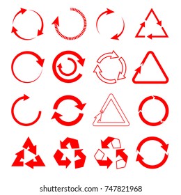 Set of red different vector arrows on white isolated background