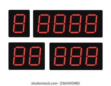 Set of red digital numbers. Digital alarm clock or timers. Vector illustration.