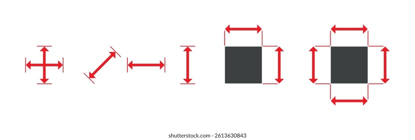 Set of red dimension arrows for width, height, and diagonal with examples on black square shapes, isolated on white background.