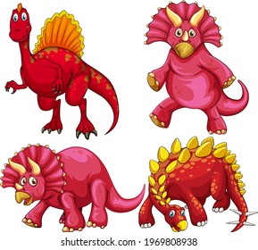 Set of red dinosaur cartoon character illustration