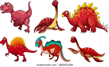 Set of red dinosaur cartoon character illustration