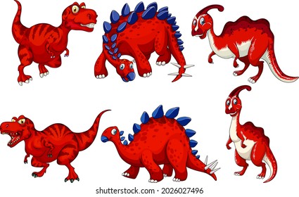 Set of red dinosaur cartoon character illustration