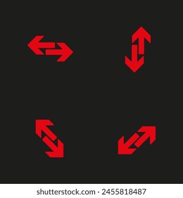 Set of red direction arrows. Vector navigation symbols. Up, down, left, right indicators.
