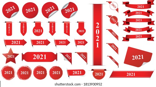 set of red discount labels with text 2021