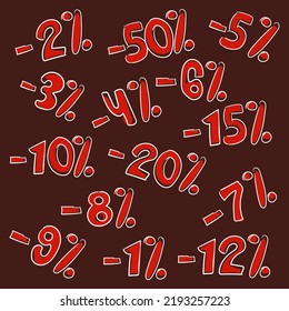 A set of red discount numbers on a burgundy background with percentages. Suitable for printing banners, leaflets, labels. A combination of discounts on goods. Numbers and percentages.